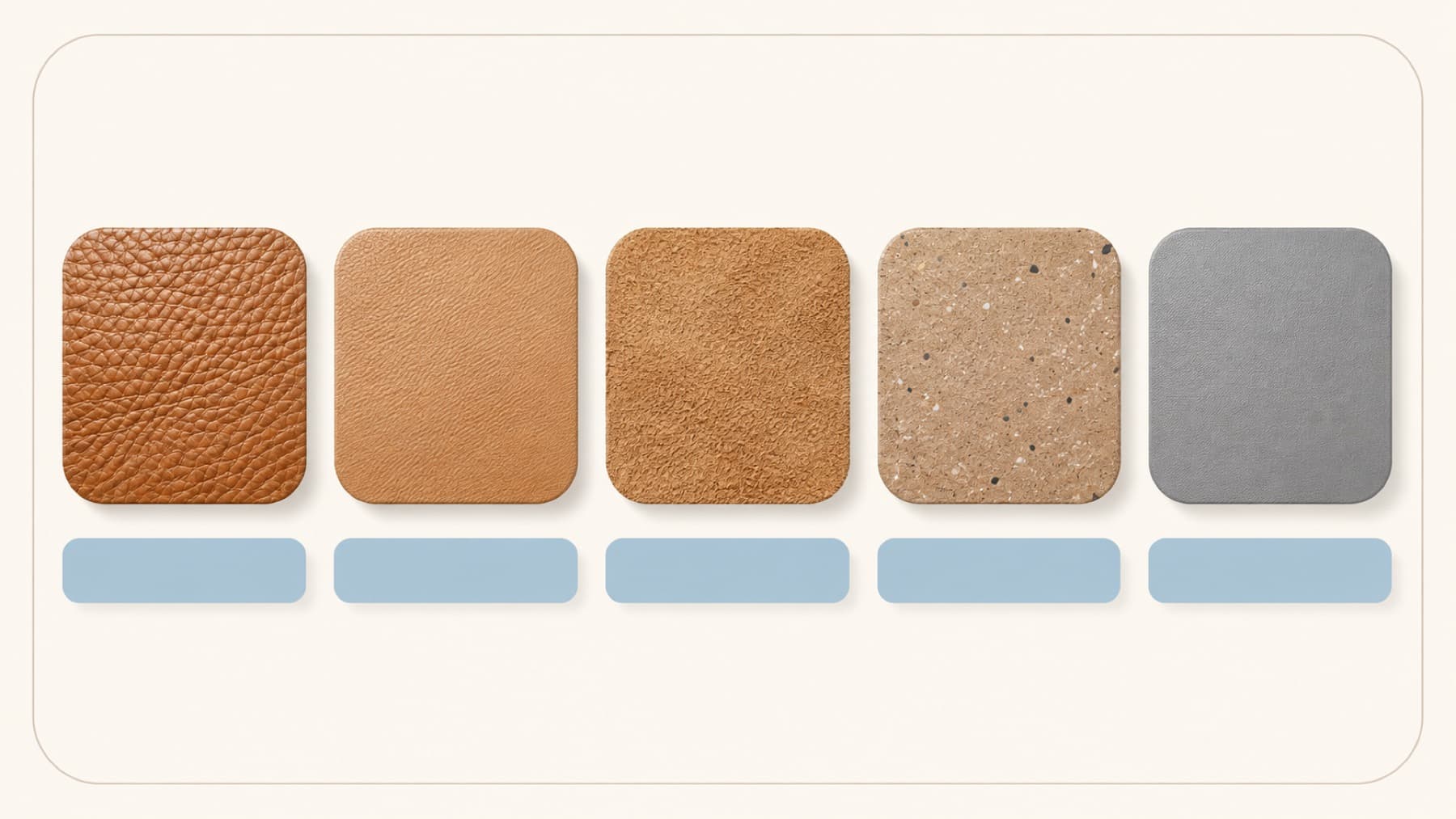 Five leather swatches in a row: full-grain, top-grain, split, recycled bonded fibre and synthetic