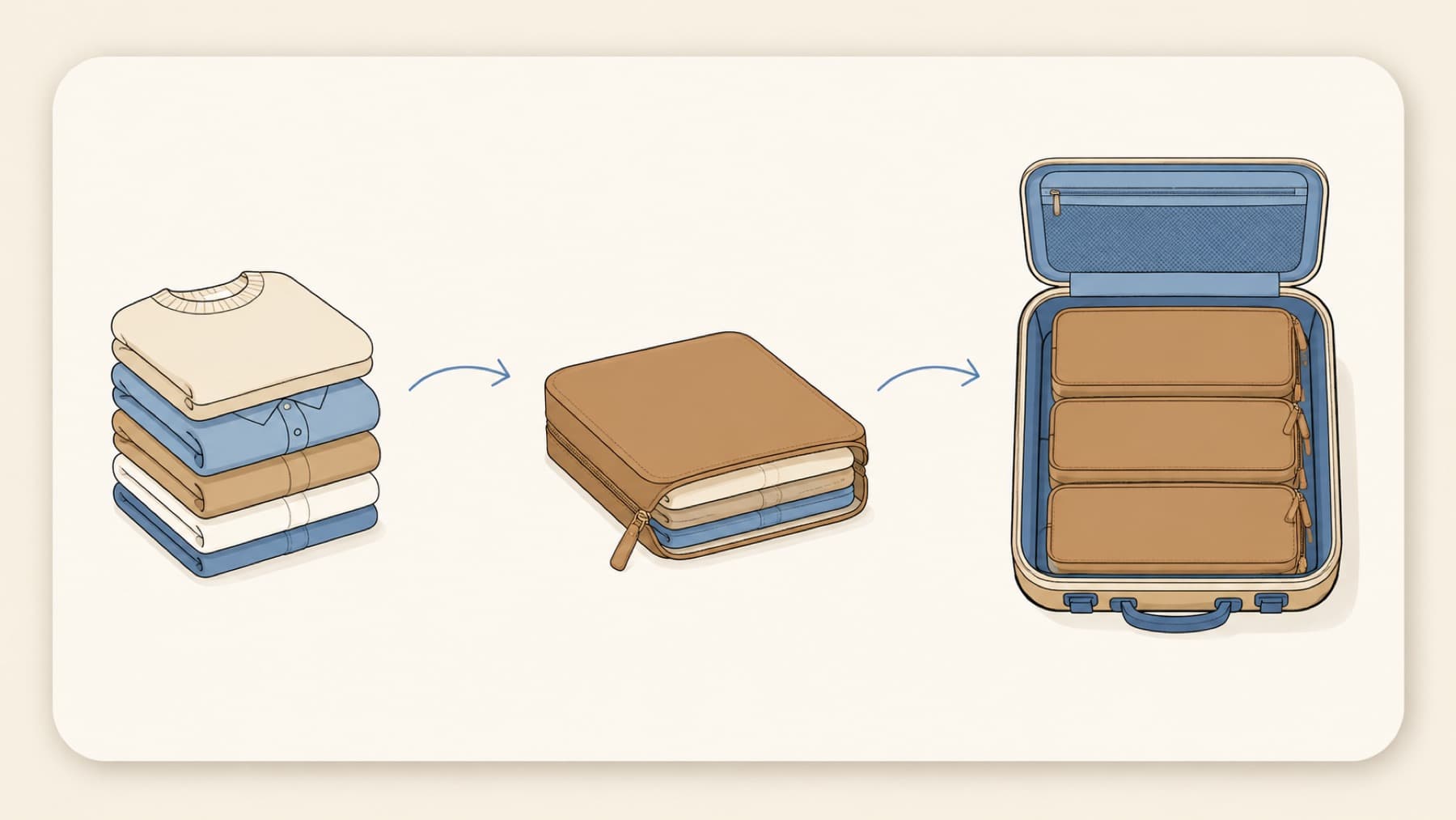 A three-step diagram showing folded garments compressed into a flat pouch and stacked in a case