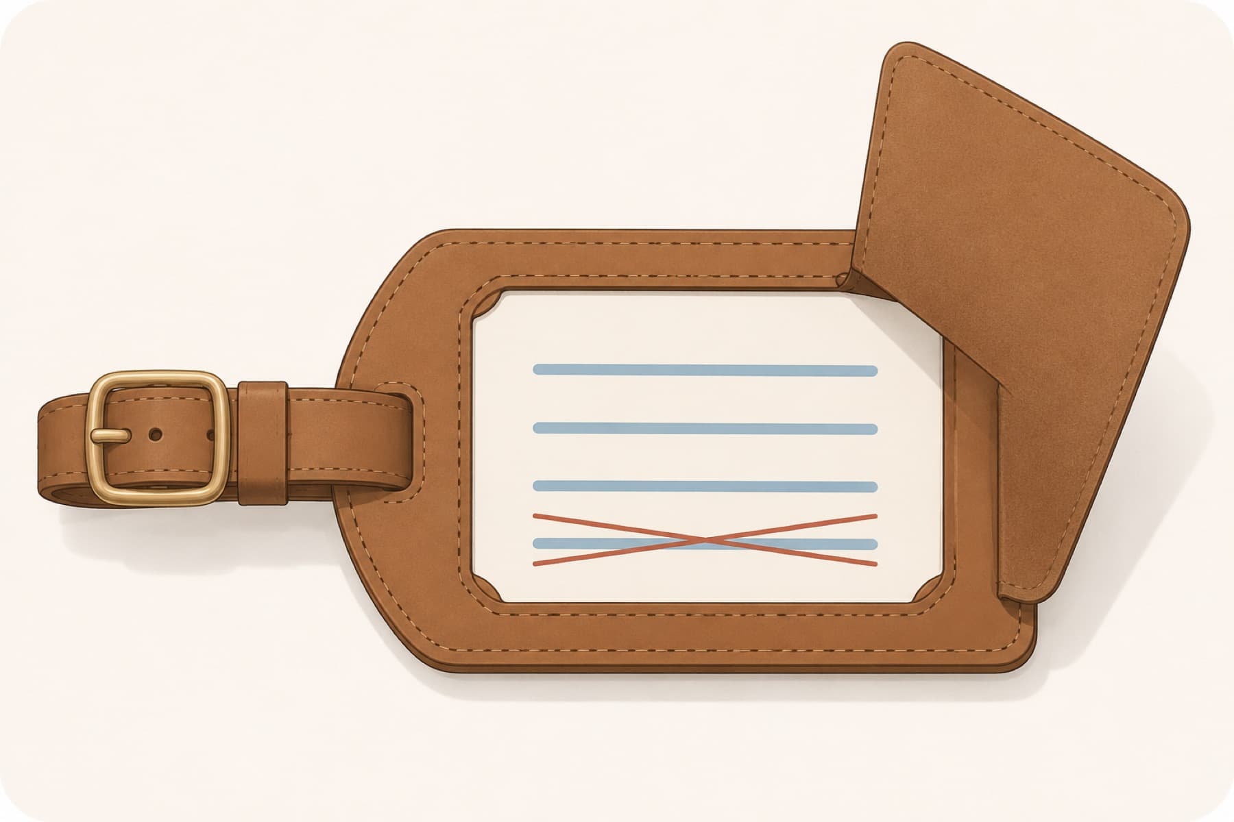 A leather luggage tag with the privacy flap lifted, showing a blank insert card with three short lines filled and a fourth line crossed out