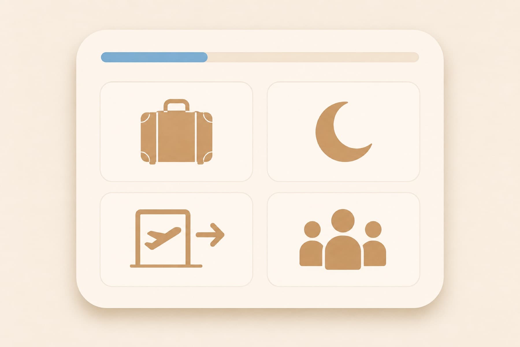 The Trip Planner interface: a progress bar above four large answer tiles