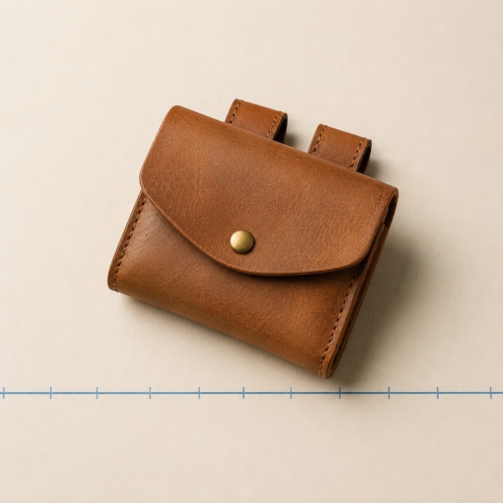 Belt Pouch Travel — Two rear loops, a brass stud flap, and no strap to cut.