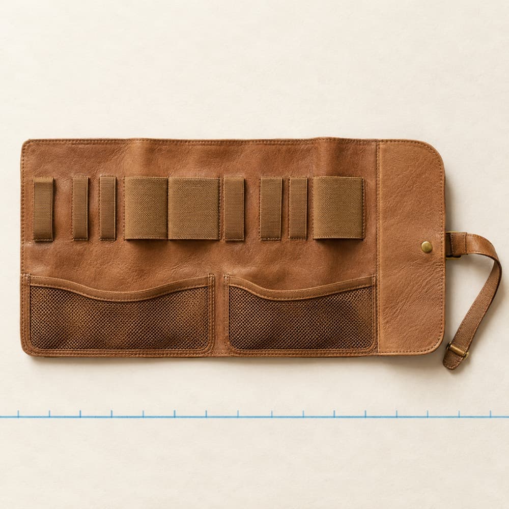 Cable & Adapter Roll — Elastic loops in four widths and two mesh pockets. No device names.
