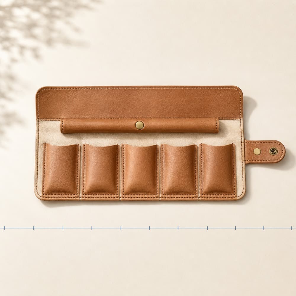 Jewellery Roll, 5 Pockets — Five padded pockets and a ring bar, rolled and tied.