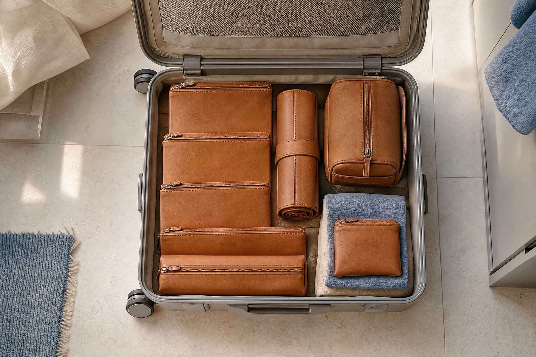An open suitcase seen from above, packed with rows of flat leather pouches and a compact wash bag