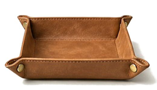 A folding sand-brown leather valet tray