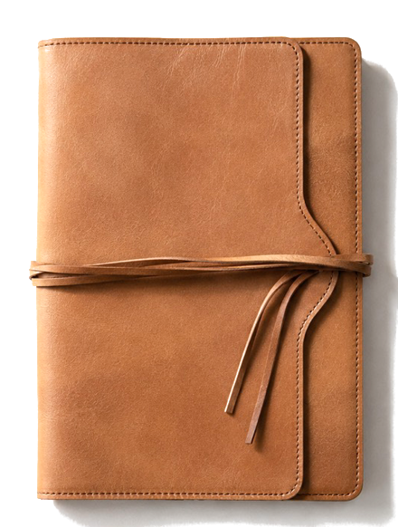 A sand-brown leather document folder tied with a leather cord